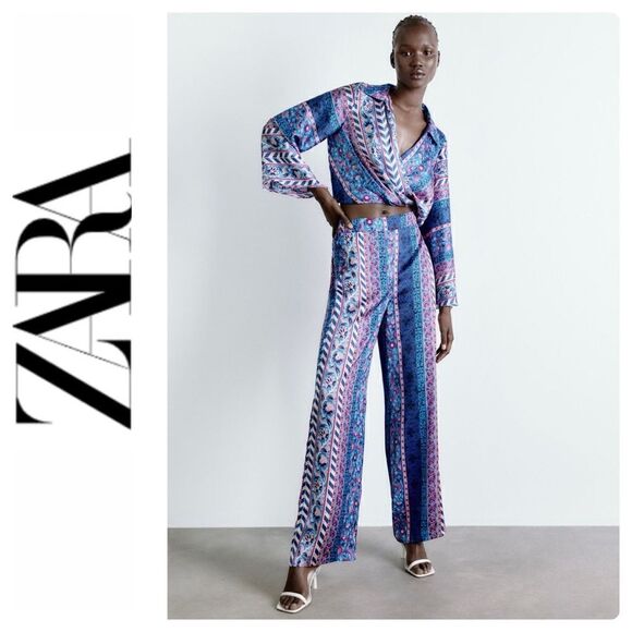 Zara Pants - NWT Zara Satin Effect High Waisted Wide Leg Printed Pants, Size Medium